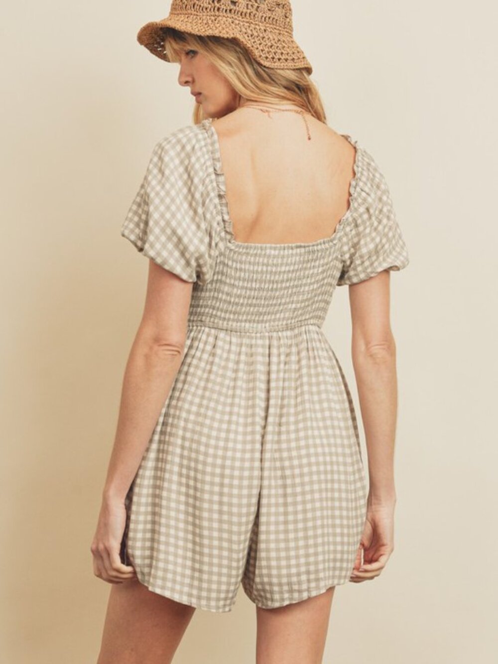 Gingham Babydoll Romper Rouched Back Puff Sleeve Pockets Elastic Waist Milkmaid - Picture 3 of 16